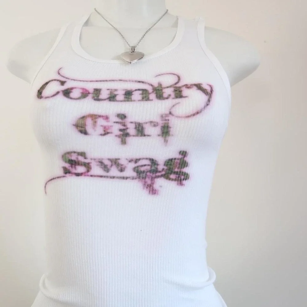 y2k country girl swag graphic ribbed tank top fitted cami western - Picture 4 of 8